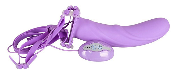 Полый фиолетовый страпон Juicy с вибрацией и выносным пультом - 21 см. - силикон