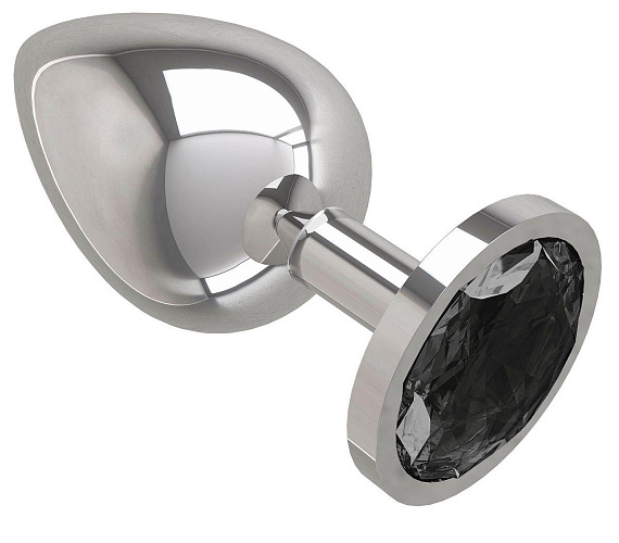 Серебристая большая анальная пробка с чёрным кристаллом - 9,5 см. - металл