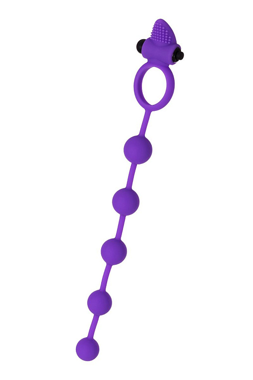 Фиолетовое эрекционное виброкольцо Posedon с анальной цепочкой - силикон
