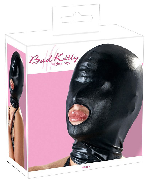 Черная эластичная маска на голову с отверстием для рта - 92% полиэстер, 8% эластан