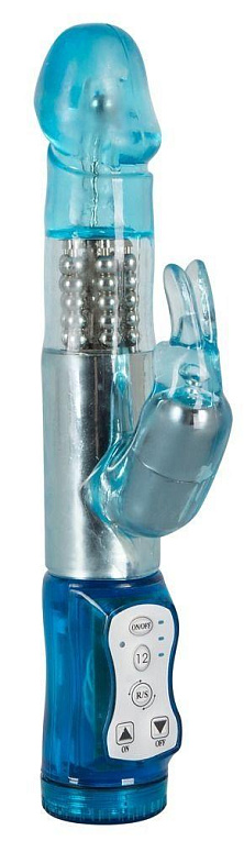 Голубой вибратор Rabbit с ротацией и клиторальным стимулятором - 21,5 см. - Термопластичная резина (TPR)