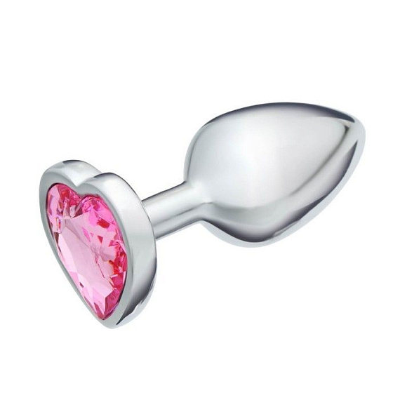 Серебристая анальная пробка с розовым кристаллом в форме сердца - 7 см. - алюминий