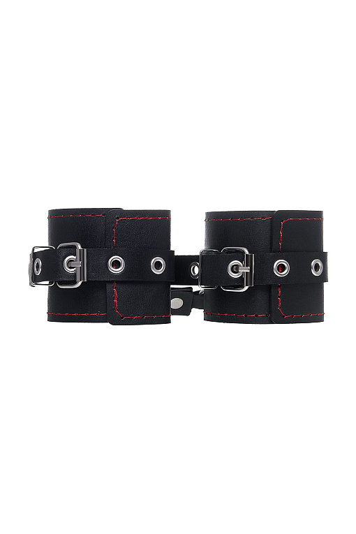 Черные кожаные однослойные наручники с контрастной строчкой от Intimcat