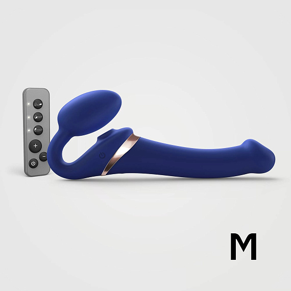 Синий безремневой страпон Multi Orgasm Size M с клиторальной стимуляцией - силикон