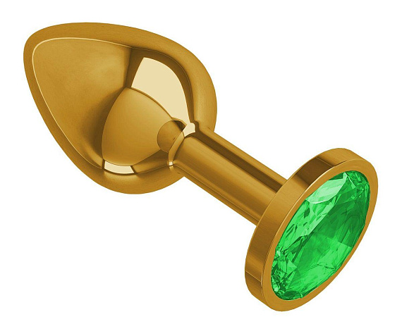 Золотистая анальная втулка с зеленым кристаллом - 7 см. - металл