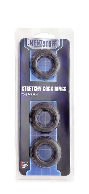 Набор из 3 чёрных эрекционных колец MENZSTUFF STRETCHY COCK RINGS - термопластичный эластомер (TPE)