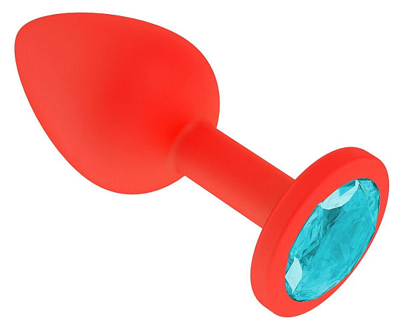 Красная анальная втулка с голубым кристаллом - 7,3 см. - силикон
