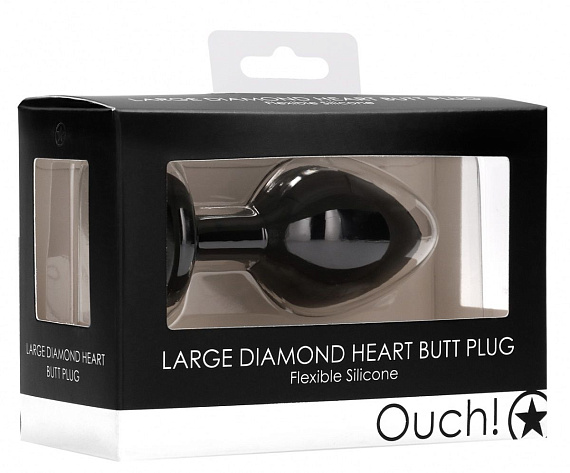 Черная анальная пробка с прозрачным стразом Large Ribbed Diamond Heart Plug - 8 см. от Intimcat