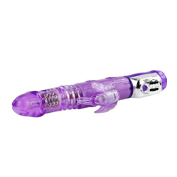 Фиолетовый вибратор с клиторальной бабочкой, ротацией и движением Up/Down - 24 см. - Термопластичная резина (TPR)