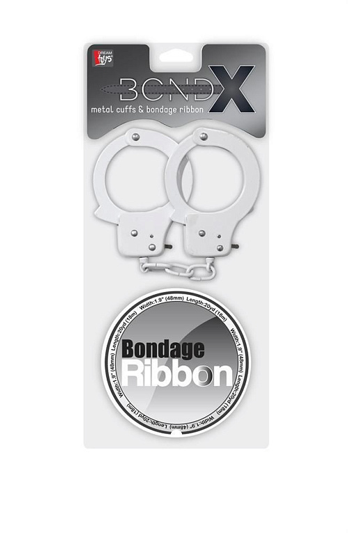 Набор для фиксации BONDX METAL CUFFS AND RIBBON: белые наручники из листового материала и липкая лента - металл