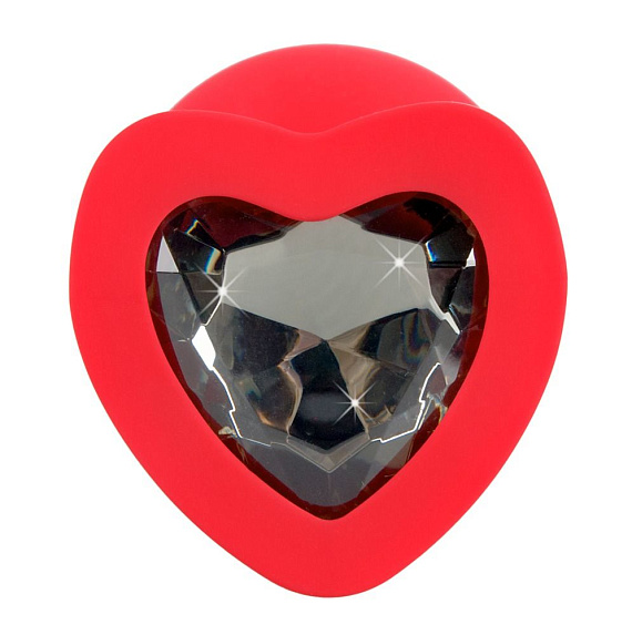 Красная силиконовая анальная пробка с черным стразом-сердечком - 9,3 см. от Intimcat
