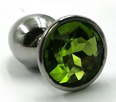 Серебристая маленькая анальная пробка с зеленым кристаллом - 6 см.