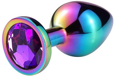 Разноцветная гладкая анальная пробка с фиолетовым кристаллом - 6,8 см.