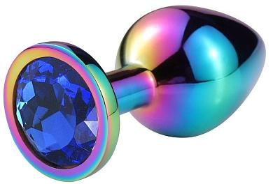 Разноцветная гладкая анальная пробка с синим кристаллом - 9,5 см.