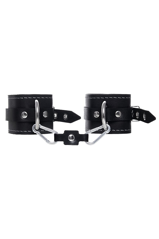 Черные двухслойные наручники с белой строчкой - натуральная кожа