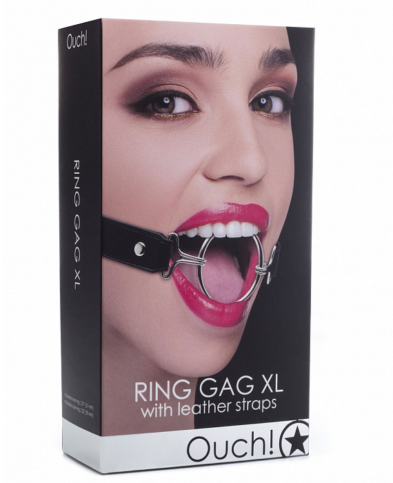 Расширяющий кляп Ring Gag XL с чёрными ремешками - натуральная кожа, металл