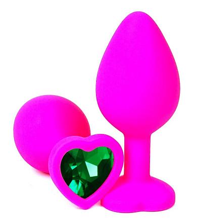 Розовая силиконовая пробка с зеленым кристаллом-сердцем - 9,5 см.