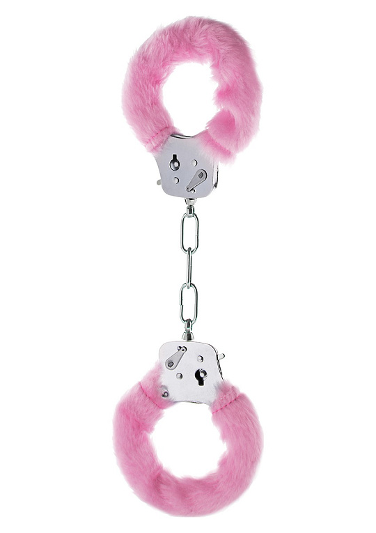 Розовые меховые наручники с ключами - металл