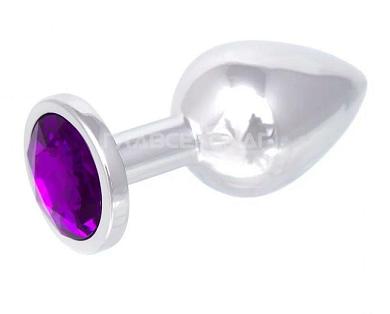 Серебристая анальная пробка с фиолетовым кристаллом - 8,2 см.