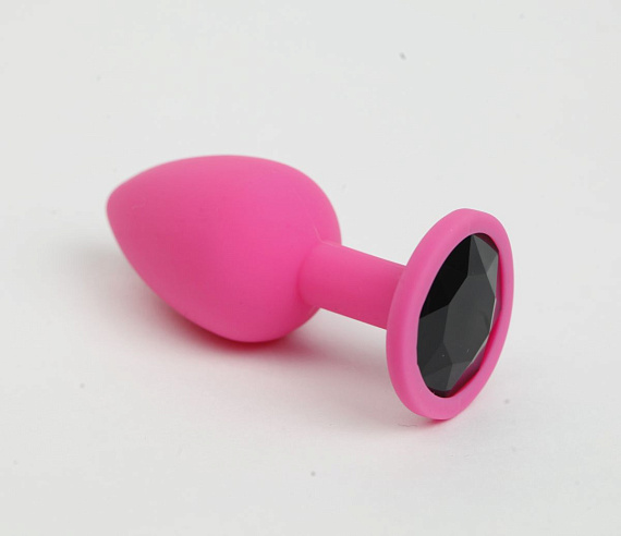 Розовая анальная пробка с черным стразом - 7,6 см. - силикон