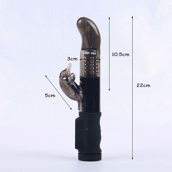 Дымчатый вибратор с изогнутой головкой, ротацией и клиторальным отростком - 22 см. - силикон