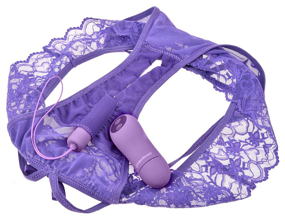 Фиолетовые трусики с вибропулей и пультом Crotchless Panty Thrill-Her - анодированный пластик (ABS)