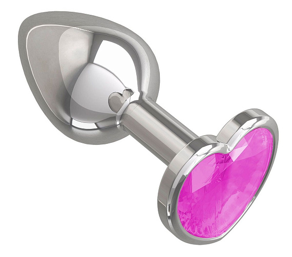Серебристая анальная втулка с розовым кристаллом-сердцем - 7 см. - металл