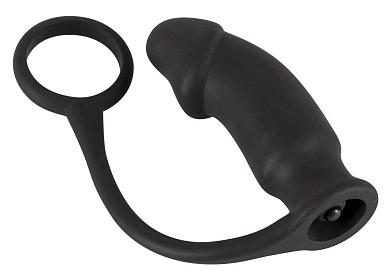 Чёрное эрекционное кольцо на пенис и мошонку с анальной вибровтулкой для усиления ощущений