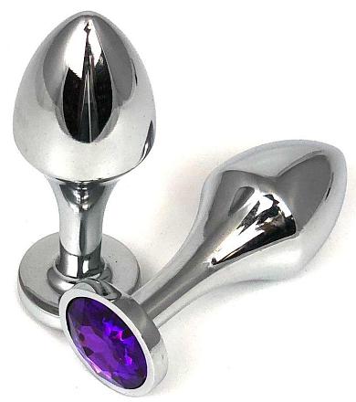 Серебристая анальная пробка на удлиненной ножке с фиолетовым кристаллом - 9 см.