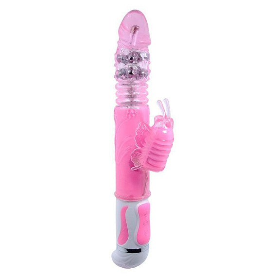 Розовый вибратор с вращением бусин и клиторальной бабочкой - 30 см. - Термопластичная резина (TPR)