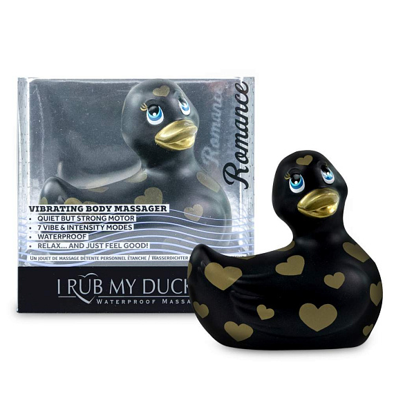 Черный вибратор-уточка I Rub My Duckie 2.0 Romance с золотистым принтом - анодированный пластик (ABS)