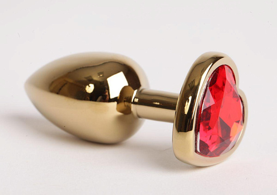 Золотистая анальная пробка с красным стразиком-сердечком - 7,5 см. - металл