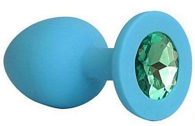 Голубая силиконовая анальная пробка с зеленым кристаллом - 9,5 см.