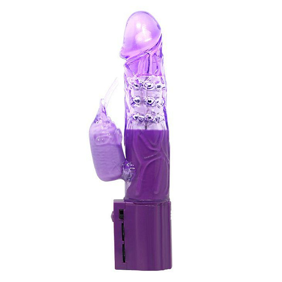 Фиолетовый вибратор с бусинами и клиторальным отростком - 24 см. - Термопластичная резина (TPR)