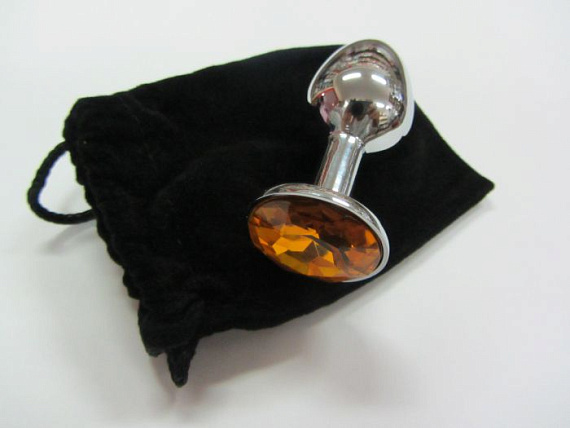 Анальное украшение BUTT PLUG  Small с оранжевым кристаллом - 7 см. - металл
