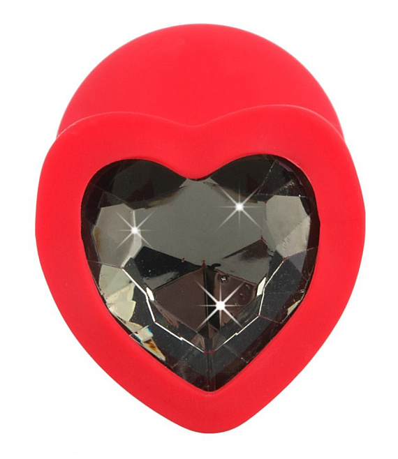Красная силиконовая анальная пробка с черным стразом-сердечком - 7,9 см. от Intimcat