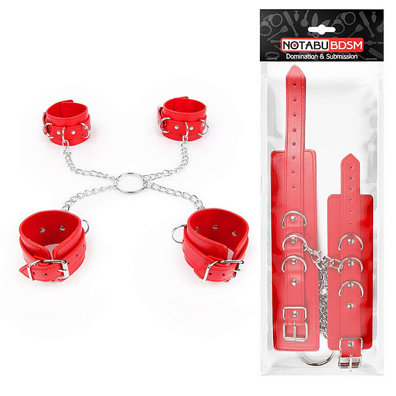 Комплект красных наручников и оков на металлических креплениях с кольцом - поливинилхлорид (ПВХ, PVC)