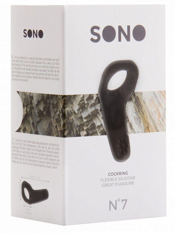 Чёрное эрекционное кольцо SONO №7 с язычком - силикон