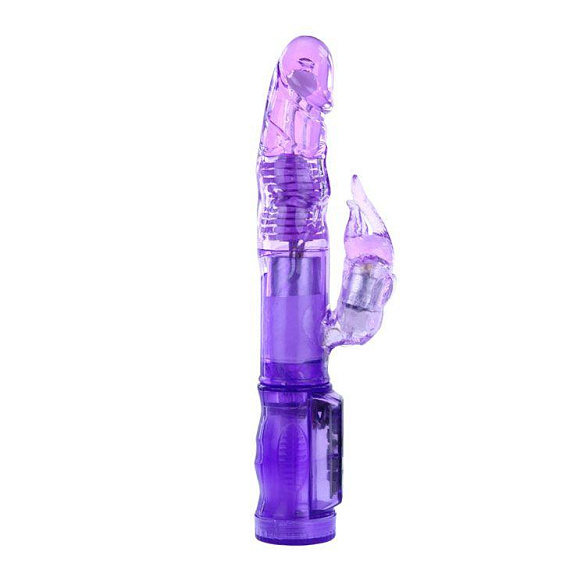 Фиолетовый вибратор-ротатор с клиторальным отростком - 21 см. - Термопластичная резина (TPR)