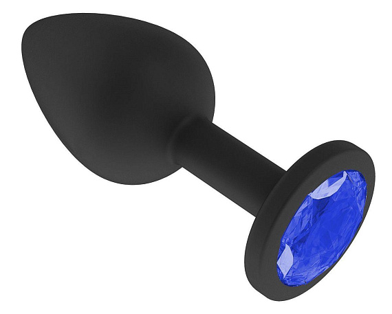 Чёрная анальная втулка с синим кристаллом - 7,3 см. - силикон