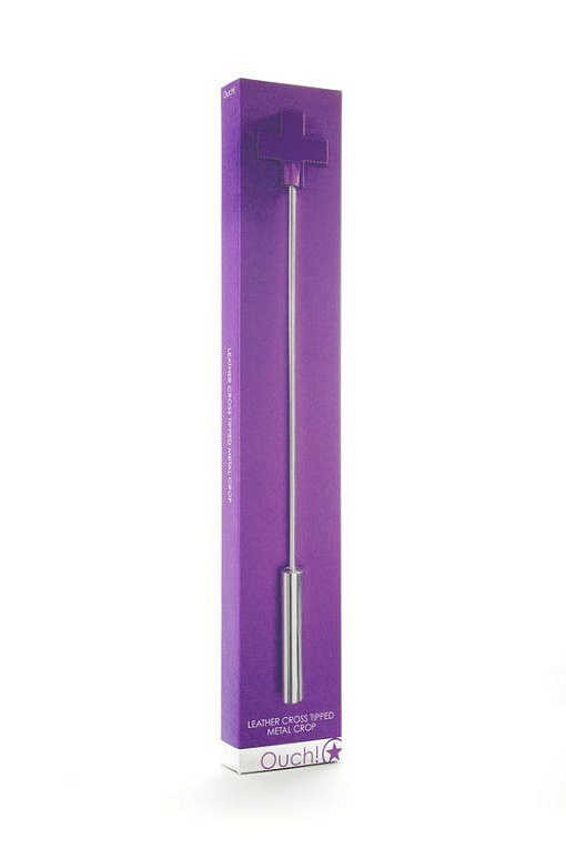 Фиолетовая шлёпалка Leather  Cross Tiped Crop с наконечником-крестом - 56 см. - металл, натуральная кожа