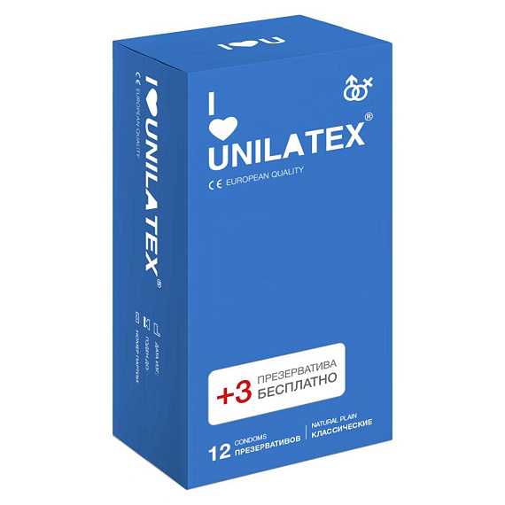 Классические презервативы Unilatex Natural Plain - 12 шт. + 3 шт. 