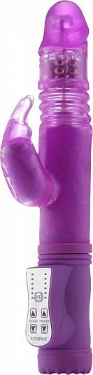 Фиолетовый вибратор Thrusting Rabbit с клиторальным стимулятором - 26 см.