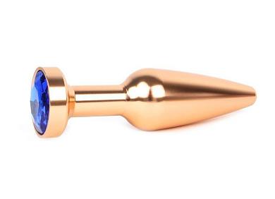 Удлиненная коническая гладкая золотистая анальная втулка с синим кристаллом - 11,3 см.