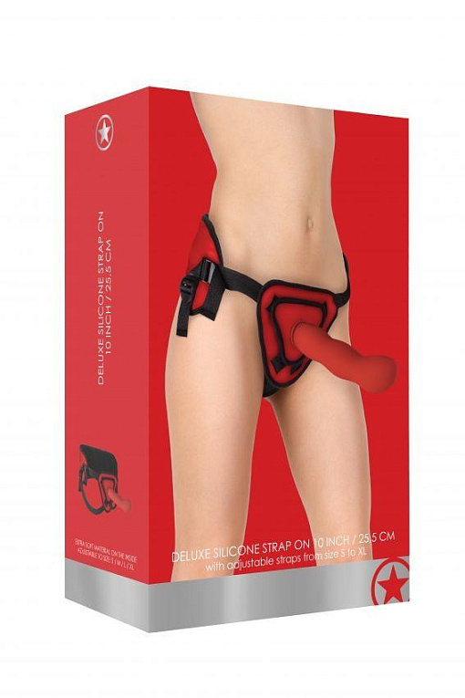 Красный страпон Deluxe Silicone Strap On 10 Inch с волнистой насадкой - 25,5 см. от Intimcat