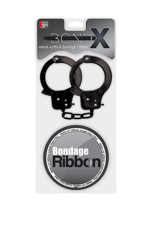 Набор для фиксации BONDX METAL CUFFS AND RIBBON: чёрные наручники из листового материала и липкая лента - металл
