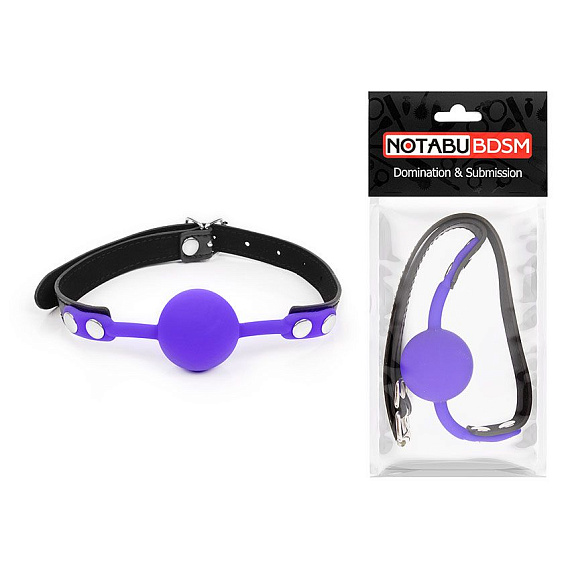 Фиолетовый кляп-шарик с черным ремешком - силикон