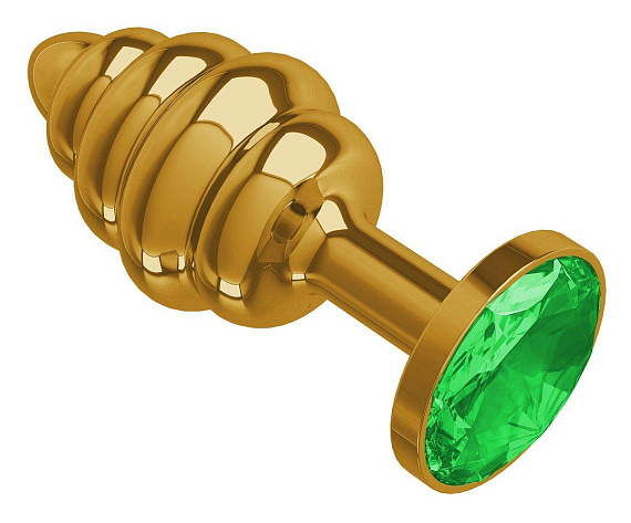 Золотистая пробка с рёбрышками и зеленым кристаллом - 7 см. - металл