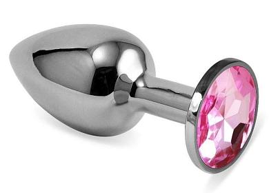Серебристая анальная пробка с розовым кристаллом размера L - 9 см.