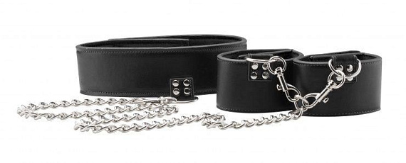 Чёрный двусторонний ошейник с наручниками Reversible Collar and Wrist Cuffs от Intimcat